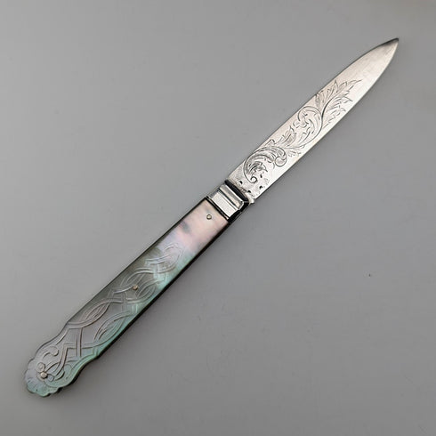 1846 年英國古董白色珍珠手柄純銀雕刻刀片筆刀亞倫哈德菲爾德